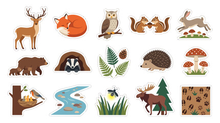 Obraz premium Cute Forest Animals Stickers Pack - Flat Design Vector Icons