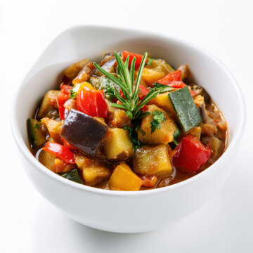 ratatouille rustic vegetable stew in a white bowl