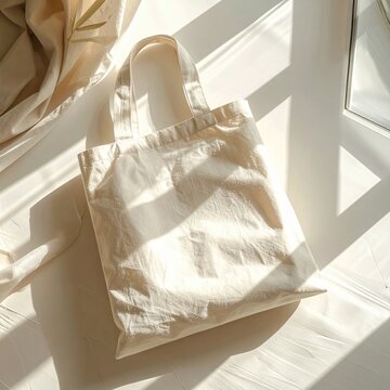 Natural beige cotton tote bag on sunlit table surface, eco friendly reusable shopping accessory, sustainable lifestyle, plastic free shopping, fabric texture
