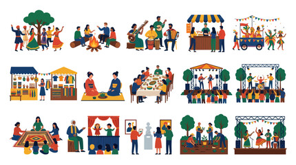 Naklejka premium Flat Vector Illustration of Diverse People Celebrating Cultural and Community Events and Lifestyle Activities