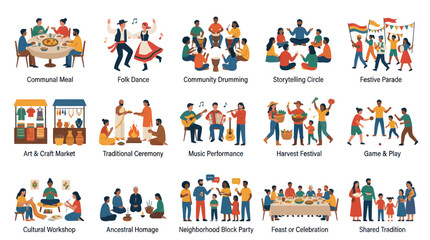 Fototapeta premium Diverse Community Events Flat Vector Icons - Culture, Celebration, Gathering