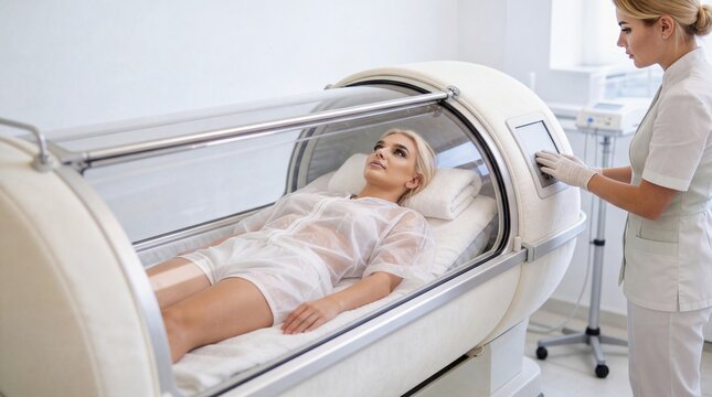 Woman inside a hyperbaric oxygen therapy chamber with a medical professional controlling the equipment for health and wellness.