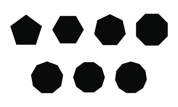 Geometric polygon shapes collection &ndash; Collection of regular polygon shapes featuring seven geometric forms with different numbers of sides for mathematics, diagrams, infographics, and graphic projects