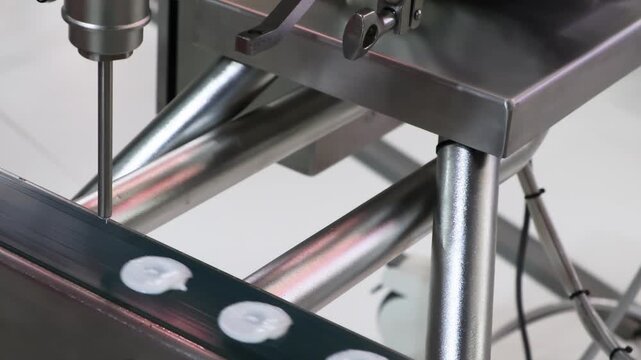 Close-up of stainless steel industrial equipment components.  dispenser dispenses portions of liquid onto  moving conveyor. tech industrial technology background