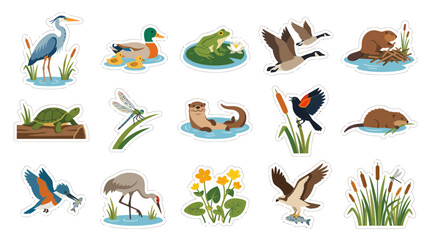Fototapeta premium Set of Flat Cartoon Wetland Animals and Plants Vector Illustrations for Nature, Wildlife, and Ecology