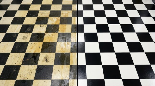 Before and After Professional Cleaning of Dirty Checkered Floor Tiles Surface