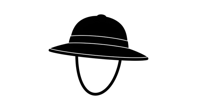Black safari pith helmet silhouette with chin strap. Perfect for adventure, exploration, jungle travel, and outdoor expedition graphic designs.