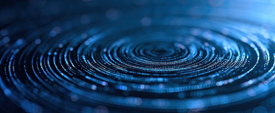 Swirling blue digital vortex with bokeh lights