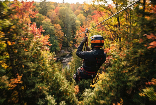 A person rides a zipline over a forest during autumn season.