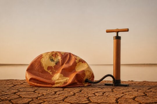 Parched Globe Inflated on Cracked Ground for Climate Crisis Concept
