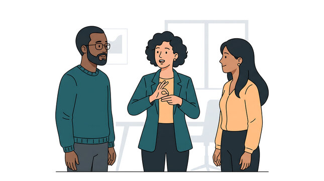A flat vector illustration of a sign language interpreter facilitating communication between colleagues in an office