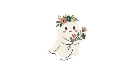Naklejka premium Cute ghost holding a bouquet of flowers.