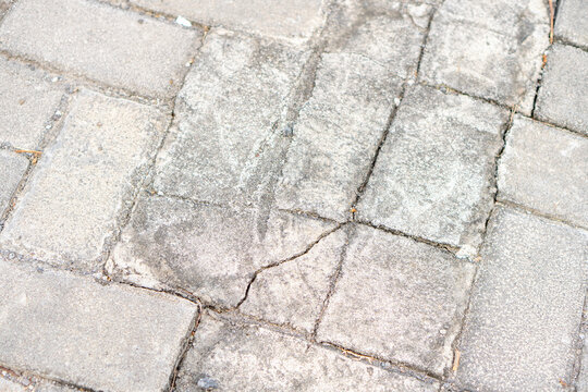 Old worn gray concrete paving blocks with visible cracks running across the surface, surrounded by other interlocking paving blocks. 