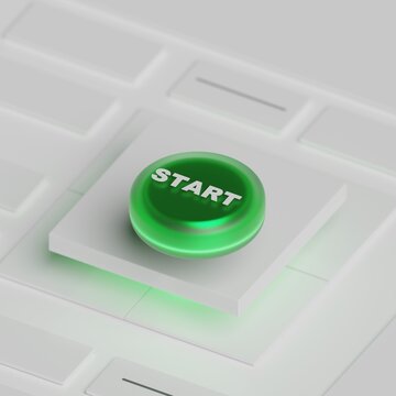 Green glass button with START word on white keyboard 3d rendering