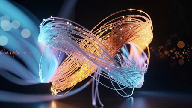 Vibrant blue and orange flowing ribbons of light on dark background abstract digital motion
