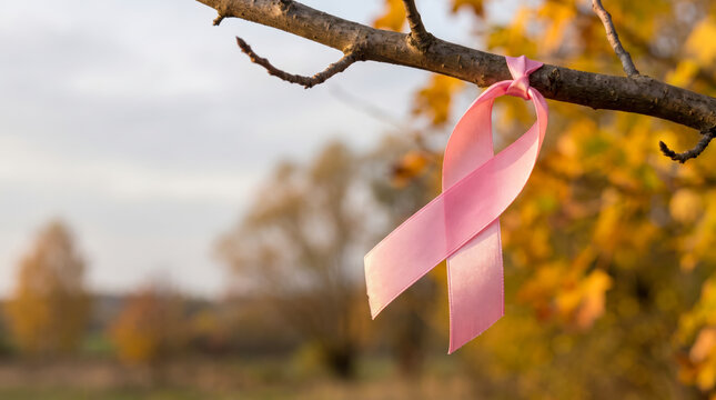 Pink awareness ribbon tied to a tree branch for breast cancer support and hope