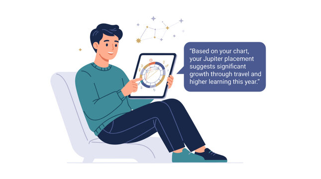 Flat vector illustration of a man sitting and analyzing his astrological birth chart on a tablet for personal growth