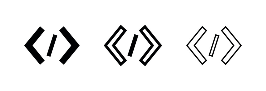 Code bracket icon set. Programming symbol in solid, thick outline, and thin outline styles for development and IT.