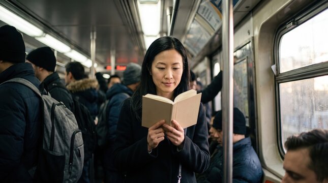 An Asian woman stands in a crowded subway car reading a book. She is focused and calm amidst the urban bustle. Ideal for themes of literacy, slow living, or city commuting lifestyle.