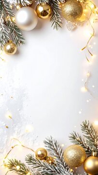 Premium vertical luxury Christmas background with gold and silver ornaments, frosted pine branches, and large copy space