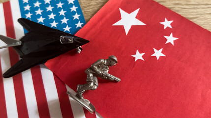 Naklejka premium Toy plane with USA and china flag 
