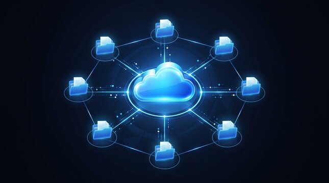 Glowing cloud computing network icon connects digital file folders, symbolizing secure global data transfer and modern system storage