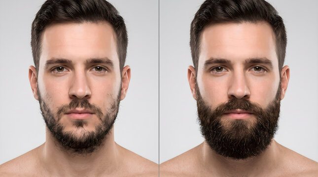 Before and after comparison of man with facial hair growth