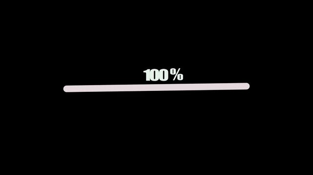 Minimalist loading progress bar animation displaying 100 percent complete on black background