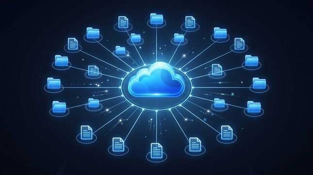 Glowing cloud computing network icon connects digital file folders, symbolizing secure global data transfer and modern system storage