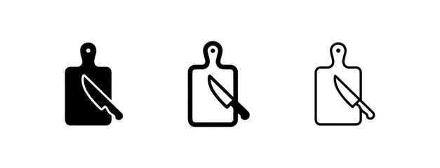 Cutting board and knife icon set in solid, bold, and outline styles. Kitchen and cooking tools symbol. © liubomir118809