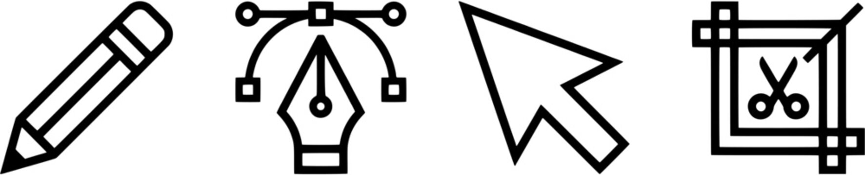 Graphic design tool icon set in a flat line style including pencil, pen tool, cursor arrow and crop marks.