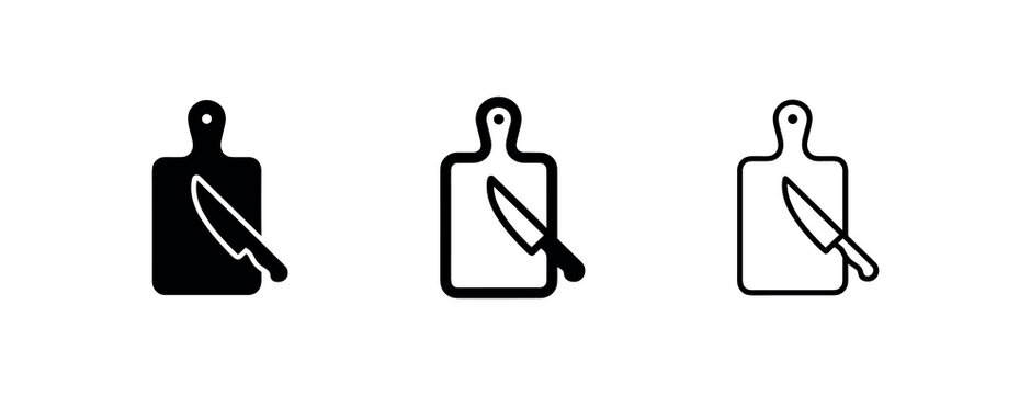 Cutting board and knife icon set in solid, bold, and outline styles. Kitchen and cooking tools symbol.