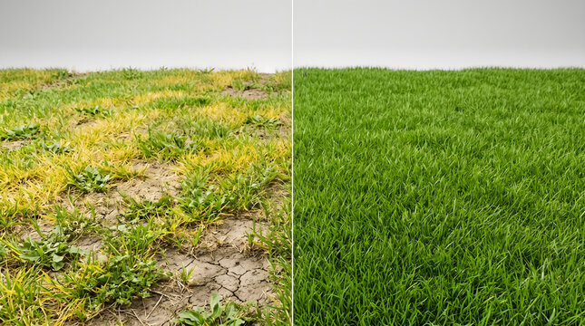 Comparison of dry soil with dying grass and healthy green lawn