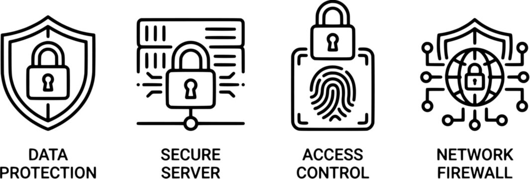 Cybersecurity icon set in a flat line art style including data protection, secure server, access control, and network firewall symbols. Editable vector illustration on white.