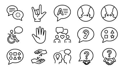 Fototapeta premium Communication Icons Set: Speech Bubbles, Hand Gestures, People, Ear, Question Mark