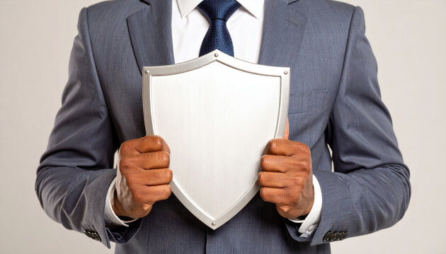 Black Business man holding bright shield providing protection with Copyspace