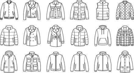 Men outer wear jacket line icon set featuring bomber denim leather coat puffer vest hoodie parka technical apparel illustration © MDSabbir