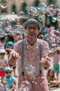 Cheerful street performer blows soap bubbles as children watch in a sunny city square. Playful public entertainment creating shared delight in an urban space.
