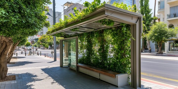 Shaded bus stop with canopy, bench and green roof protects passengers on an overheated street. Climate-adaptive urban design makes public transport safer in extreme heat.