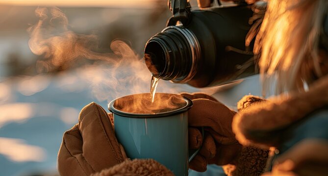 Hands in gloves pour steaming drink from thermos into mug in cold, snowy landscape