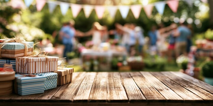 Birthday presents wait on a garden table while guests dance beneath a flag banner. Outdoor celebration leaves generous copy space for invitations and festive messages.