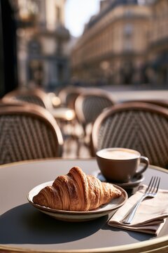 Fresh croissant and coffee are served at a small outdoor cafe table in Paris. Classic French breakfast combines pastry tradition with the romance of city travel.