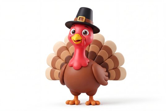 Cute Thanksgiving turkey character wearing a pilgrim hat isolated on white background