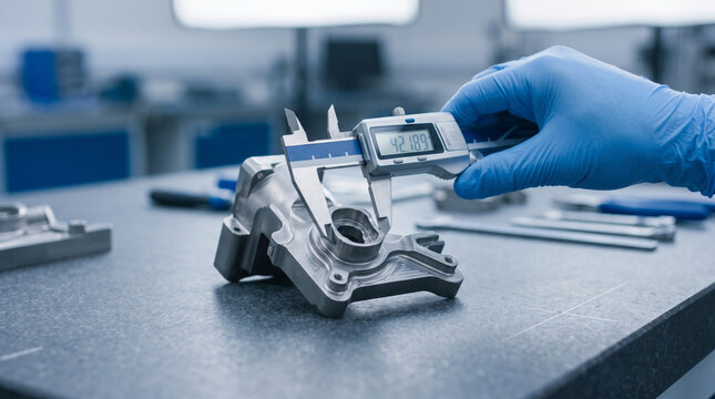 Gloved hand measuring machined metal part with digital caliper