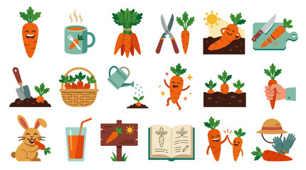 Fototapeta premium Flat Design Agriculture and Food Vector Icon Set with Happy Carrots, Gardening Tools, and Healthy Eating Concepts
