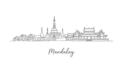 Fototapeta premium Elegant Line Drawing of Mandalay's Architectural Skyline Featuring Diverse Temples and Cultural Structures in Minimalist Style