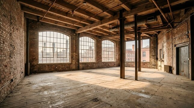 Empty industrial loft warehouse with large windows and brick walls