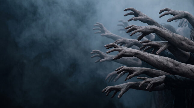 Close-up of dark hand silhouettes stretching toward the viewer from behind frosted glass, distorted human figures fading into a cold blue background, horror