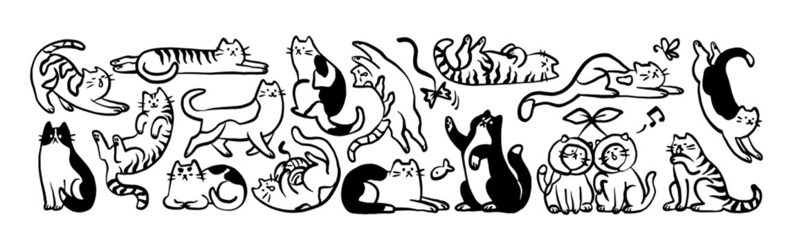 Cute cats in different poses doodle set. Comic kitties play, sit, sleep, stretch, sing and meow. Naughty animals having fun. Funny ink kittens. Flat isolated outline vector illustrations on white