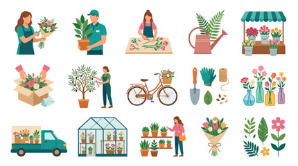 Fototapeta premium Gardening and Floristry Flat Design Vector Icons Set. Plant Care, Flower Shop, Greenhouse, and Tools Collection.